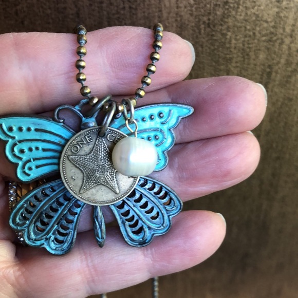 Butterfly, pearl, & coin necklace on brass chain - Picture 7 of 7